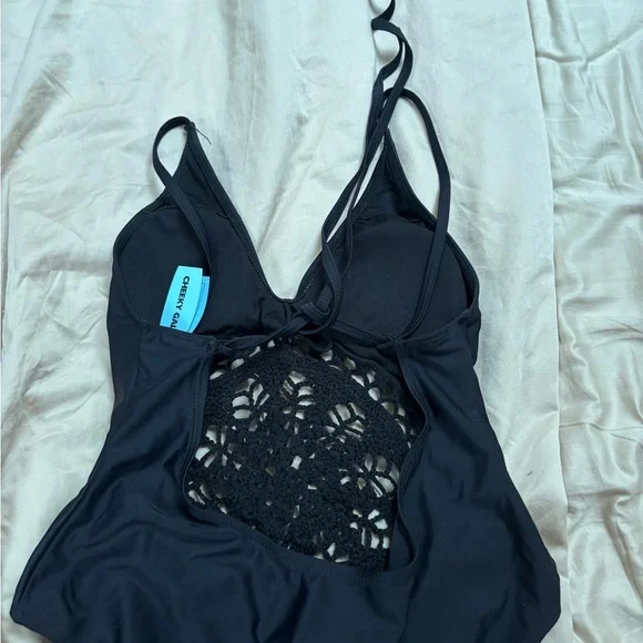 Black One-Piece Swimsuit with Crochet Detail - Picture 2 of 5